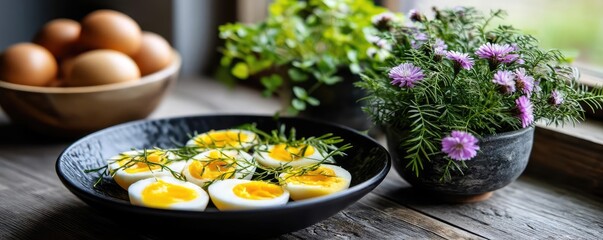 Simple cooking for nutrition with protein and yolk concept. Delicious boiled eggs garnished with fresh herbs and flowers.