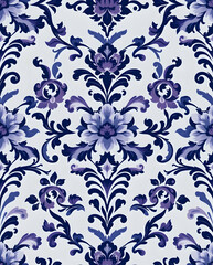 Fototapeta premium Victorian Baroque damask pattern in indigo violet elegance.