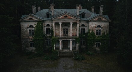 Aged mansion exterior nighttime view