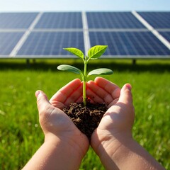 young seedling in the hands of kids with the solar panels as a sign of renewable and alternative energy