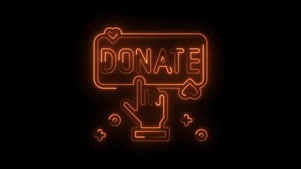 Neon donate icon animation on black background with hand cursor clicking button