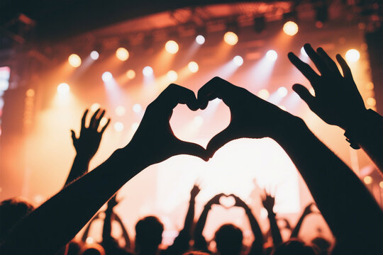 Silhouettes of crowd at concert raising hands in heart shape. Summer music festival lights. Active audience enjoys live performance. Stage lights in background.