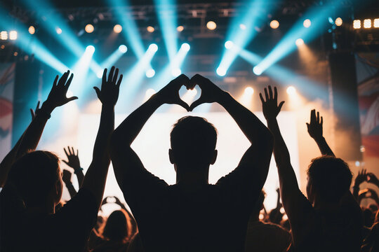 Silhouettes of crowd at concert raising hands in heart shape. Summer music festival lights. Active audience enjoys live performance. Stage lights in background. - Powered by Adobe