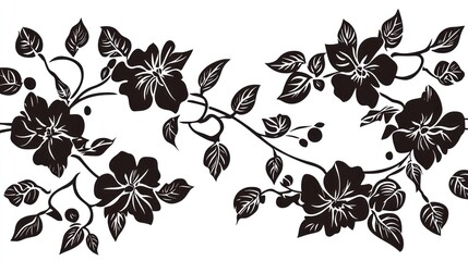 Black floral vine border, design element,  white background,  fabric print