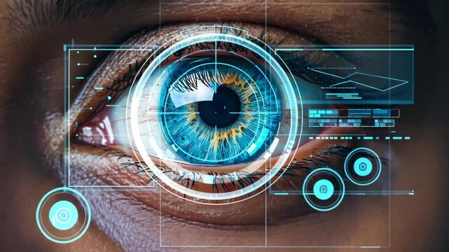Futuristic Biometric Eye Scan High-Tech Digital Augmented Reality Interface Overlaid on a Blue Human Iris. Futuristic Biometric Eye Scan 4k video.