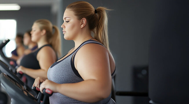 Plus size woman training with a personal trainer at the gym, working towards her fitness goals. Generated image