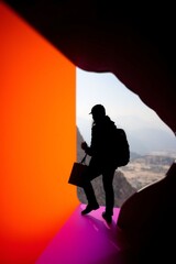 Silhouette of a person standing in a colorful abstract space with