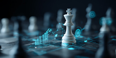 White chess king piece on digital chessboard, surrounded by other pieces and glowing blue graphics, symbolizing strategic planning, leadership, and business success