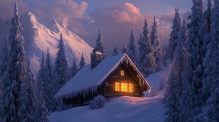 Fototapeta premium Snowy winter mountain landscape with a lone wooden cabin nestled among cold trees