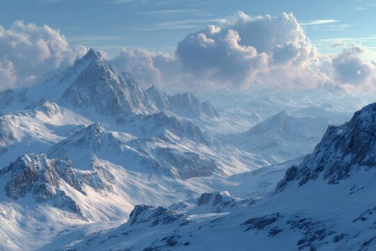 A tranquil snowy mountain landscape with a pale blue sky and a soft, white powder covering the peaks, evoking winter is beauty