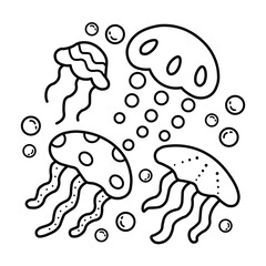 Jellyfish, Ocean Scene, Bold and Easy Designs for Relaxation with Sea Life, Ocean life, undersea life,  Vector illustration, hand-drawn, flat design illustration, Bold Easy Coloring Pages,