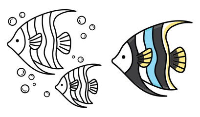 Naklejka premium Fish, Ocean Scene, Bold and Easy Designs for Relaxation with Sea Life, Ocean life, undersea life, Vector illustration, hand-drawn, flat design illustration, Bold Easy Coloring Pages,