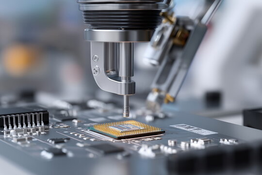 Microchip under probe testing equipment, tiny gold contact points visible, advanced diagnostics setup with robotic arms, modern semiconductor lab setting.