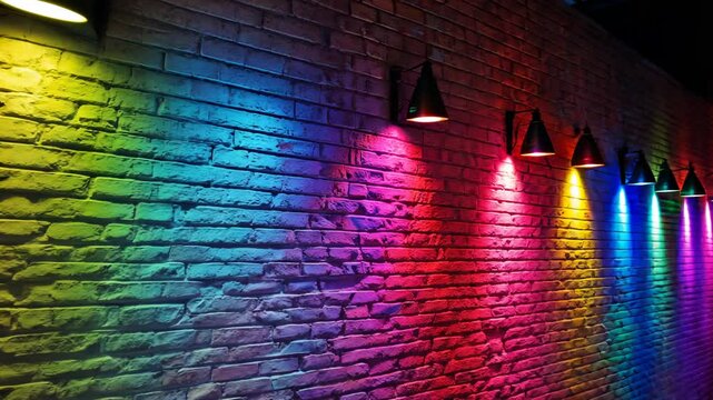 illuminated brick wall with colorful lights and metal lamps providing illumination and vibrant hues