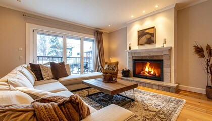 Cozy Winter Living Room With Fireplace And Mountain View