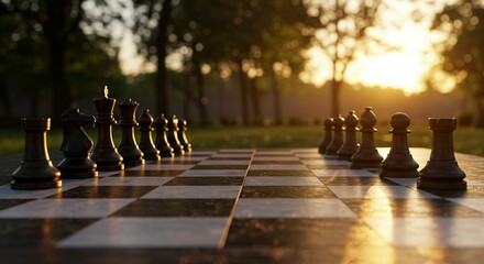 Sunset Chess Game: Dark Pieces on a Park Board