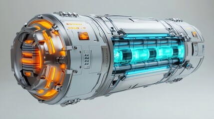 Sleek, cylindrical device, white and silver, with glowing orange endcaps and vibrant blue internal core, suggesting advanced technology or energy containment