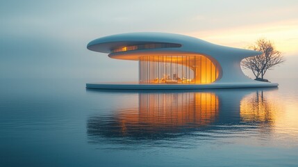 Fototapeta premium Modern, floating house on calm water at dawn
