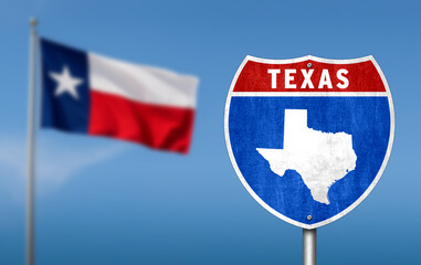 Interstate sign with flag of US State of Texas