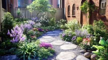 Fototapeta premium Peaceful backyard garden path, flowers, brick wall