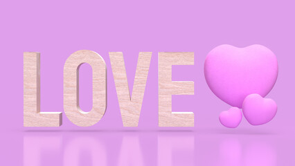 The Love wood text and Pink Heart for  romance concept 3d Rendering.