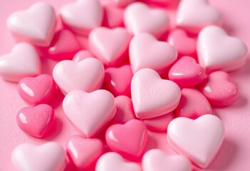 Fototapeta premium Close-up of pink heart-shaped candies and sweets on a pink background , celebration, sweetness