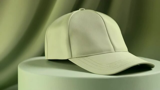 Side View of Minimal Green Baseball Cap Mockup on Soft Fabric Pedestal in Monotone Pastel Background for Product Display and Branding