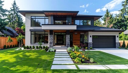 Modern House Exterior With Landscaping And Stone Pathway