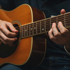 man playing acoustic guitar. musician playing guitar. Close up of a guitar in the hands of a musician. space for text.