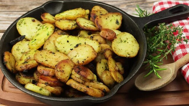pomme de terre sarladaise, en gros plan, dans une po&ecirc;le