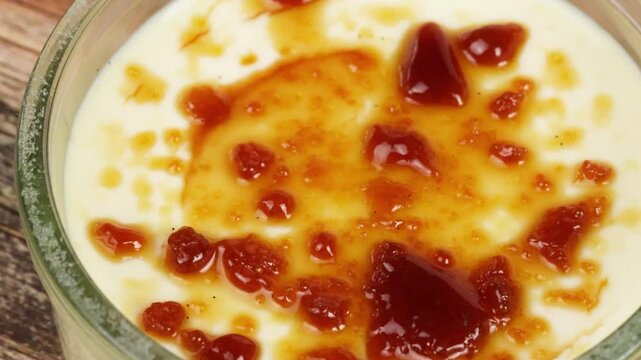 dessert, cr&egrave;me brul&eacute;e en gros plan.