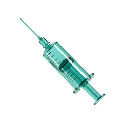 A close-up shot of a transparent teal syringe, showcasing its medical design.3D plastic style isolated on white or transparent background