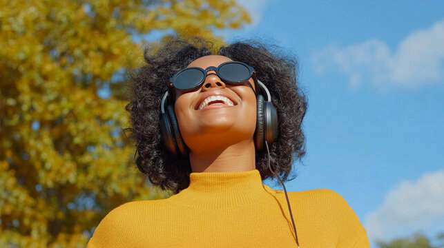 Curvy African woman running in a city park on a crisp autumn morning, wearing headphones.. Generated image - Powered by Adobe