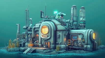 Submerged industrial building with futuristic design.