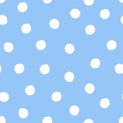 Seamless polka dot pattern with uneven white dots on light blue background. Flat vector illustration with hand-drawn texture.