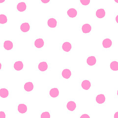 Seamless polka dot pattern with uneven pink dots on white background. Flat vector illustration with hand-drawn texture. © Diana