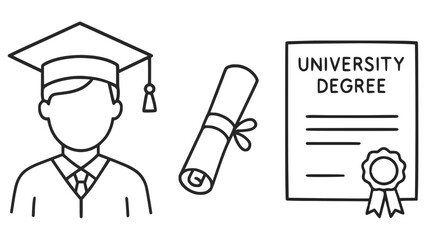 Black line icon illustration of a graduate with cap and gown, rolled diploma, and framed university degree, all in minimal outline style. Concept of education, graduation, and academic achievement.
