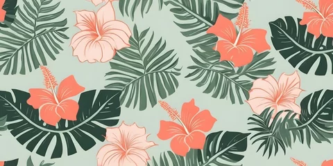 Fotobehang Tropical Hibiscus Floral Pattern with Exotic Leaves on Green summer Background for packaging, textiles, wallpaper, wrapping paper © ElseThen