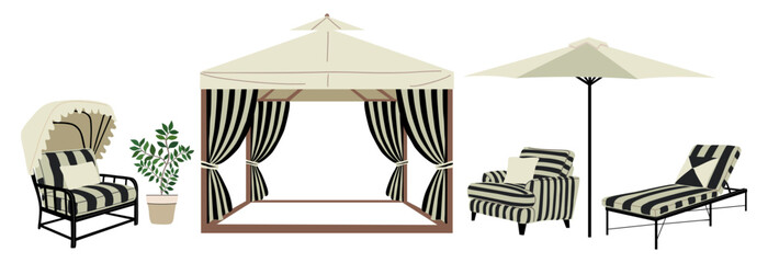 Set of stylish outdoor furniture with striped cushions, canopy, sun lounger, armchairs, pergola, umbrella. Perfect for patio, beach, garden design projects. Flat vector illustration isolated 