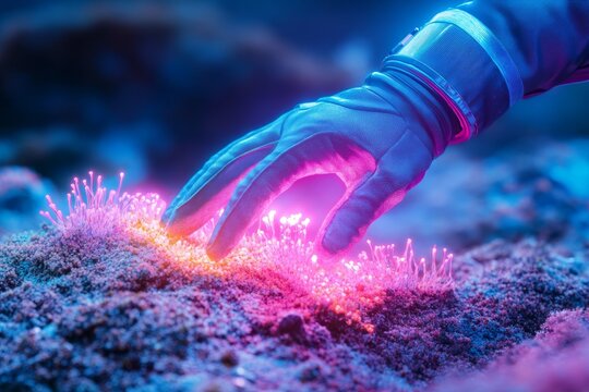 Close-up of glowing neon tendrils being touched, surreal abstract landscape, vibrant colorful light, futuristic technology, digital art.