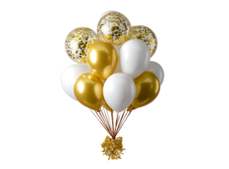 White and gold balloon bouquet with confetti balloons on a transparent background