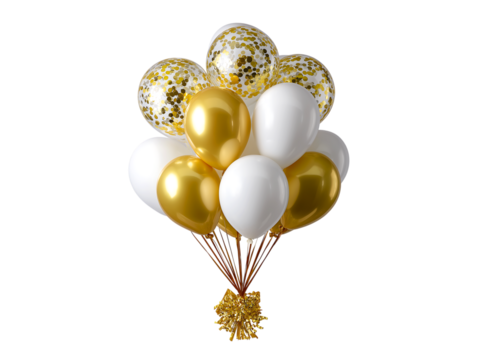 White and gold balloon bouquet with confetti balloons on a transparent background