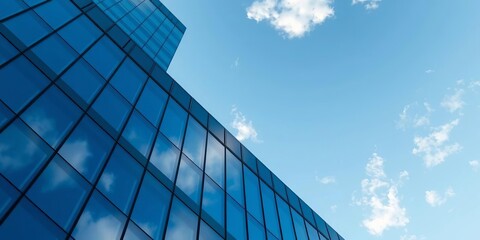 Obraz premium Azure sky mirrored in sleek glass office tower facade, steel, clean