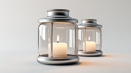 Two silver metal framed glass candle lanterns with lit ivory candles sit on a white background, one slightly in front and angled