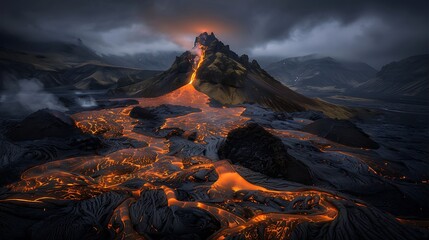 The Icelandic Aesthetic of a Dramatic Volcanic Landscape with a Smoking Crater and Cooled Lava Flows