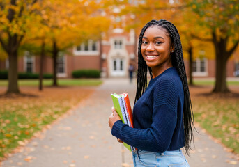 Happy Black Female College Student Walking Campus Autumn
