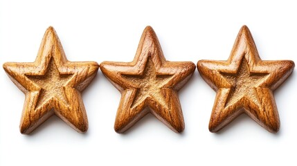 Three wooden stars in a row on white background simple clean design