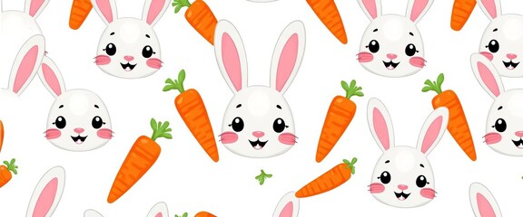 Fototapeta premium Adorable cartoon rabbit faces and carrots form a cheerful seamless pattern on a white background, brown, spring