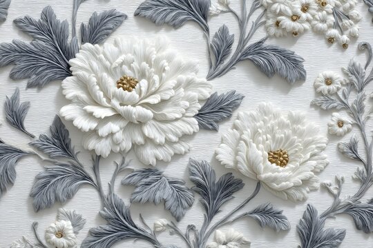 A crisp white background with delicate floral patterns in light gray, offering an elegant and soft design