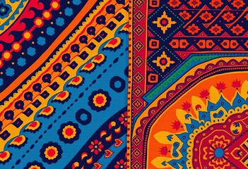 Abstract textile design blending Ikat, Batik, Madhubani, Kalamkari, block print, geometric Ajrakh, and digital print patterns, background, texture